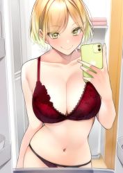 Rule 34 | 1girl, absurdres, blonde hair, bra, breasts, cellphone, closed mouth, collarbone, commentary request, highres, holding, holding phone, large breasts, navel, original, panties, phone, red bra, red panties, rinku (rin9), selfie, smile, solo, underwear, underwear only, yellow eyes