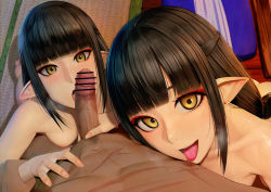 Rule 34 | 1boy, 2girls, bar censor, black hair, blunt bangs, blush, breasts, censored, eyeliner, fewer digits, ffm threesome, group sex, handjob, hetero, hinoa, jellytits-7, licking, licking nipple, long hair, looking at viewer, makeup, licking nipple, medium breasts, minoto, monster hunter (series), monster hunter rise, multiple girls, nipple stimulation, nipples, nude, open mouth, penis, pointy ears, shimaidon, shimaidon (sex), siblings, sisters, smile, threesome, tongue, tongue out, twins, yellow eyes