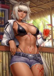 Rule 34 | 3girls, animal ears, bikini, bikini under clothes, black bikini, blonde hair, blue eyes, breasts, caenis (fate), closed mouth, commentary request, cropped jacket, cup, cutoffs, dark-skinned female, dark skin, dated, day, denim, denim shorts, drinking straw, fate/grand order, fate (series), highleg, highleg bikini, highres, holding, holding cup, jacket, jeanne d&#039;arc (fate), jeanne d&#039;arc (ruler) (fate), jeanne d&#039;arc (swimsuit archer) (fate), jeanne d&#039;arc (swimsuit archer) (second ascension) (fate), jewelry, large breasts, leaning on object, martha (fate), martha (swimsuit ruler) (fate), martha (swimsuit ruler) (third ascension) (fate), multiple girls, navel, necklace, open clothes, open jacket, outdoors, palm tree, parted lips, pubic tattoo, purple hair, revision, sciamano240, short shorts, shorts, standing, summer, swimsuit, tattoo, tree, white jacket
