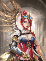 Rule 34 | 1girl, armor, artist name, asymmetrical hair, asymmetrical wings, belt, black gloves, blue eyes, blurry, blurry background, breasts, cape, cleavage, deviantart username, earrings, fantasy, female focus, gauntlets, gloves, goggles, goggles on head, hair up, heart, highres, jewelry, knight, looking at viewer, mechanical arms, mechanical wings, medium breasts, midriff, original, parted lips, red cape, red hair, sangrde, single mechanical arm, solo, standing, steampunk, watermark, web address, wings
