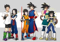 Rule 34 | 3boys, 3girls, armor, armpits, bardock, black hair, blush, boots, breasts, chi-chi (dragon ball), china dress, chinese clothes, cleavage, clenched hands, cosplay, costume switch, crossdressing, crossed arms, dragon ball, dragonball z, dress, embarrassed, facepalm, facial scar, father and son, gine, green eyes, grey eyes, hair tubes, halo, hand on own hip, height difference, highres, hime cut, husband and wife, loafers, long hair, looking at viewer, low twintails, mbar2 64, medium hair, mother and son, multiple boys, multiple girls, muscular, muscular male, open mouth, ponytail, ruyi jingu bang, scar, scar on cheek, scar on face, shirt, shoes, sketch, smile, smirk, son gohan, son goku, sparkle, spiked hair, t-shirt, tail, trembling, tunic, twintails, utility pole, videl, wristband