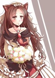 Rule 34 | 1girl, alternate costume, animal ears, blush, bouquet, breasts, brooch, brown hair, collarbone, dress, flower, highres, imaizumi kagerou, jewelry, kanzakietc, long hair, looking at viewer, pendant, red eyes, smile, solo, touhou, wedding dress, wolf ears