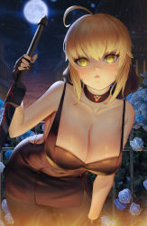 Rule 34 | 1girl, absurdres, artoria pendragon (all), artoria pendragon (fate), backless outfit, bare shoulders, black dress, black gloves, black ribbon, blonde hair, blush, bow, breasts, cathedral, choker, cleavage, dress, excalibur morgan (fate), fate (series), fingerless gloves, flower, gloves, hair bow, hair ornament, highres, holding, holding sword, holding weapon, large breasts, leaning forward, lips, looking at viewer, moon, open mouth, outdoors, reallumen, ribbon, saber alter, short hair, sky, solo, sword, weapon, yellow eyes