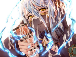 Rule 34 | 1girl, azura (fire emblem), bar censor, blue hair, blush, censored, cum, cum on clothes, cum on fingers, cum on hair, ejaculation, facial, fingerless gloves, fingernails, fire emblem, fire emblem fates, gloved handjob, gloves, hair between eyes, handjob, looking at viewer, magic, mouth veil, nintendo, open mouth, out of frame, parted lips, penis, saijou satoru, see-through, simple background, smile, solo focus, veil, water, white background, yellow eyes