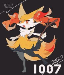 Rule 34 | absurdres, animal ear fluff, animal nose, artist name, bad id, bad pixiv id, black background, braixen, commentary request, creatures (company), dated, fang, full body, furry, game freak, gen 6 pokemon, hideko (l33l3b), highres, holding, holding stick, looking at viewer, nintendo, open mouth, orange eyes, pokemon, pokemon (creature), skin fang, snout, solo, stick