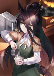 Rule 34 | 1girl, ahoge, alternate costume, alternate hairstyle, animal ears, answering, black hair, black skirt, border, brooch, coffee cup, contemporary, cup, disposable cup, earrings, frilled sweater, hair between eyes, highres, holding, holding cup, horse ears, horse girl, jewelry, long hair, long sleeves, looking at viewer, manhattan cafe (umamusume), milk, multicolored hair, phonograph, plaid, plaid skirt, ponytail, single earring, skirt, smile, solo, streaked hair, sweater, umamusume, upper body, very long hair, white border, white hair, yellow background, yellow eyes, yellow sweater