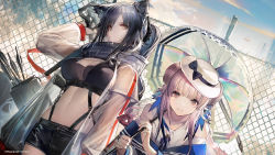 Rule 34 | 2girls, animal ears, arknights, arrow (projectile), black hair, black shorts, blue feathers, bow, bridal garter, buckle, ceylon (arknights), chain-link fence, company name, copyright notice, earpiece, feather hair, feathers, female focus, fence, gun, hat, hat bow, highres, holding, jacket, lens flare, liduke, long hair, looking at viewer, multiple girls, official art, over shoulder, photo (object), pink eyes, pink hair, quiver, scarf, schwarz (arknights), see-through, see-through coat, see-through jacket, short shorts, shorts, smile, snap-fit buckle, thighs, umbrella, very long hair, weapon, weapon over shoulder, white headwear