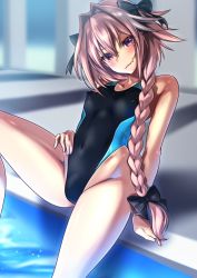Rule 34 | 1boy, absurdres, andou you, astolfo (fate), black one-piece swimsuit, braid, bulge, commentary request, competition swimsuit, covered erect nipples, cowboy shot, crossdressing, fate/apocrypha, fate/grand order, fate (series), hair intakes, head tilt, highres, long braid, long hair, male focus, multicolored clothes, multicolored hair, multicolored swimsuit, one-piece swimsuit, pink hair, poolside, purple eyes, single braid, sitting, solo, streaked hair, swimsuit, trap, wavy mouth, white hair
