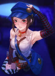Rule 34 | 1girl, aqua eyes, arm up, armpits, bag, bare shoulders, belt, black belt, black footwear, black necktie, black thighhighs, blue background, blue bag, blue hat, blurry, blurry background, blush, breasts, brown hair, choker, collarbone, collared shirt, commentary request, depth of field, elbow gloves, eyelashes, full body, gloves, hand on own head, hat, highres, indoors, looking at viewer, lower teeth only, marie (persona 4), medium breasts, miniskirt, multicolored clothes, multicolored gloves, necktie, open mouth, persona, persona 4, persona 4 the golden, plaid, plaid skirt, pleated skirt, red choker, red skirt, relayrl, shirt, short hair, shoulder bag, skirt, sleeveless, sleeveless shirt, solo, squatting, striped clothes, striped gloves, striped thighhighs, sweatdrop, teeth, thighhighs, white shirt, white thighhighs