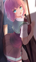 Rule 34 | 1girl, 2boys, against wall, ass, ass press, blue eyes, blush, breast press, breasts, d:, embarrassed, furrowed brow, highres, kneehighs, komone ushio, long sleeves, looking back, medium breasts, multiple boys, open mouth, original, pink hair, pink skirt, school uniform, shirt, short hair, short sleeves, skirt, socks, solo focus, standing, uniform, xiao tao