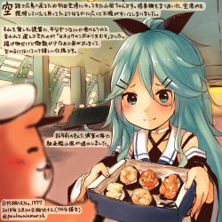 Rule 34 | 1girl, admiral (kancolle), animal, aqua hair, bare shoulders, black ribbon, colored pencil (medium), commentary request, dated, detached sleeves, food, green eyes, hair between eyes, hair ribbon, hamster, holding, kantai collection, kirisawa juuzou, long hair, non-human admiral (kancolle), numbered, ribbon, smile, traditional media, translation request, twitter username, yamakaze (kancolle)