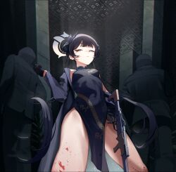 Rule 34 | 1girl, 2boys, back, black gloves, black hair, blazer, blood, blue archive, breasts, china dress, chinese clothes, covered navel, double bun, dragon print, dress, expressionless, from below, g li, gloves, grey eyes, gun, hair bun, hair ornament, halo, highres, holding, holding gun, holding weapon, jacket, kisaki (blue archive), long hair, multiple boys, small breasts, twintails, weapon
