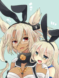 Rule 34 | 10s, 2girls, :d, ^^^, bare shoulders, between breasts, blonde hair, blush, breasts, cleavage, dark-skinned female, dark skin, closed eyes, glasses, gloves, hair ribbon, kantai collection, long hair, multiple girls, musashi (kancolle), musashi kai (kancolle), nagasioo, on shoulder, open mouth, pointy hair, red eyes, ribbon, rimless eyewear, rope, sarashi, shimakaze (kancolle), smile, upper body, white gloves, yellow eyes