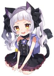 Rule 34 | 1girl, :d, absurdres, aged down, animal ears, backpack, bag, bare shoulders, black dress, blunt bangs, blush, bow, cat ears, cat girl, cat tail, collarbone, commentary request, dress, hair bow, hair ribbon, halterneck, highres, hololive, huge filesize, long hair, looking at viewer, murasaki shion, murasaki shion (gothic lolita), noi mine, open mouth, orange eyes, randoseru, ribbon, scrunchie, sidelocks, silver hair, simple background, sitting, smile, solo, tail, thick eyebrows, twintails, virtual youtuber, wariza, white background