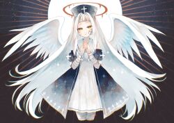 Rule 34 | 1girl, absurdres, angel, angel wings, bandages, blunt bangs, cowboy shot, cross, dress, floating hair, halo, hat, highres, latin cross, long hair, looking at viewer, mitre, orange eyes, original, own hands clasped, own hands together, parted lips, red halo, sanshichi fu, solo, standing, star (symbol), very long hair, white dress, white hair, wings
