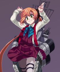 Rule 34 | 1girl, akigumo (kancolle), arms up, blue bow, bow, bowtie, cazanera, cowboy shot, green eyes, kantai collection, long hair, long sleeves, looking at viewer, orange hair, pantyhose, pleated skirt, ponytail, purple background, red skirt, rigging, shirt, skirt, smile, solo, torpedo launcher, uniform, very long hair, white pantyhose, white shirt