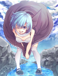 Rule 34 | 10s, 1girl, absurdres, arms between legs, between legs, black dress, black footwear, blue hair, blue sky, breasts, buckle, circle skirt, cleavage, cloud, cloudy sky, commentary request, covering privates, covering crotch, day, dress, full body, hair ornament, hand between legs, highres, implied pantyshot, leaning forward, looking at viewer, maid, mary janes, medium breasts, mizuiro raika, one eye closed, open mouth, outdoors, re:zero kara hajimeru isekai seikatsu, rem (re:zero), rock, shoes, short hair, sky, smile, solo, splashing, standing, teeth, thighhighs, v arms, vanishing point, water, white thighhighs, wind, wind lift, x hair ornament, zettai ryouiki
