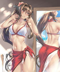 Rule 34 | 1girl, ass, bikini, blush, breasts, cleavage, collarbone, commission, flower, hair flower, hair intakes, hair ornament, headgear, highres, kantai collection, kokuzou, large breasts, long hair, mirror, navel, official alternate costume, parted lips, pink eyes, ponytail, sarong, sidelocks, skeb commission, solo, swimsuit, very long hair, white bikini, yamato (kancolle)