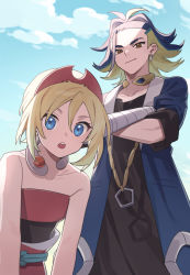Rule 34 | 1boy, 1girl, adaman (pokemon), blonde hair, blue coat, blue eyes, brown eyes, closed mouth, cloud, coat, collar, collarbone, commentary request, creatures (company), crossed arms, day, earrings, eyelashes, from below, game freak, hairband, highres, irida (pokemon), jewelry, looking at viewer, multicolored hair, nintendo, open mouth, outdoors, pankona (ubsssss), pokemon, pokemon legends: arceus, red hairband, red shirt, sash, shirt, sky, smile, strapless, strapless shirt, teeth, upper teeth only