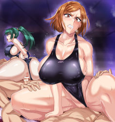 Rule 34 | 2boys, 2girls, angry, anus, arms behind back, ass, bar censor, breasts, brown hair, censored, cleavage, clenched teeth, clothed female nude male, clothing aside, competition swimsuit, cowgirl position, girl on top, glasses, gradient background, green hair, groin, group sex, high ponytail, highres, huge breasts, jujutsu kaisen, kugisaki nobara, legs, long hair, lying, multiple boys, multiple girls, nude, one-piece swimsuit, open mouth, penis, pointless censoring, ponytail, puripuri jet, pussy, restrained, sex, short hair, side slit, simple background, steaming body, straddling, sweat, swimsuit, swimsuit aside, teeth, thighs, v-shaped eyebrows, vaginal, zenin maki