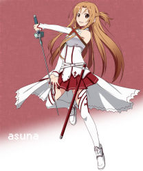 Rule 34 | 1girl, :d, armor, asuna (sao), breastplate, brown eyes, brown hair, character name, floating hair, holding, holding sword, holding weapon, leg up, long hair, miniskirt, one side up, open mouth, pleated skirt, red skirt, sheath, skirt, smile, solo, sword, sword art online, thighhighs, very long hair, weapon, white thighhighs, yuu (1007yu)