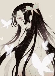 Rule 34 | 1girl, animal print, bad id, bad pixiv id, black hair, bug, butterfly, butterfly hair ornament, butterfly print, coat, cowboy shot, grey background, greyscale, hair ornament, haori, insect, japanese clothes, kimetsu no yaiba, kochou kanae, long hair, looking at viewer, monochrome, parted bangs, profile, simple background, smile, solo, spot color, straight hair, uniform, yorumi (yonayona)