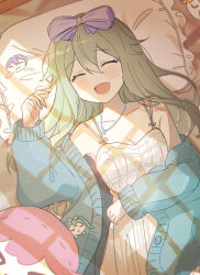 Rule 34 | 1girl, :d, ^ ^, absurdres, anmin dreamingribbon (project sekai), bare shoulders, blue cardigan, blush, cardigan, character doll, closed eyes, commentary request, crescent, crescent necklace, green hair, happy, hatsune miku, highres, jewelry, kamishiro rui, kusanagi nene, long hair, lying, necklace, nightgown, on back, on bed, ootori emu, open mouth, pillow, pjmiyo, project sekai, smile, solo, tenma tsukasa, vocaloid, white nightgown, wonderlands x showtime (project sekai), wonderlands x showtime miku