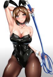Rule 34 | 1girl, animal ears, arm up, armpits, black leotard, black pantyhose, breasts, brown hair, choker, cleavage, contrapposto, cowboy shot, fake animal ears, gradient background, head tilt, highres, large breasts, leotard, light smile, looking at viewer, pantyhose, pinky out, playboy bunny, rabbit ears, short hair, simple background, smile, solo, standing, strapless, strapless leotard, tama (tamakaka1031), the king of fighters, whip, whip (kof), white background, wide hips, wrist cuffs