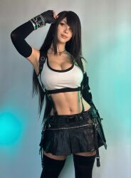 Rule 34 | 1girl, armpits, artist request, black hair, black skirt, breasts, cosplay, female pervert, highres, large breasts, long hair, miniskirt, pervert, presenting, real life, sexually suggestive, skirt, smile, solo, soryu geggy cosplay, standing, tifa lockhart, tifa lockhart (cosplay)