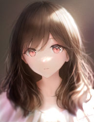 Rule 34 | 1girl, blurry, blurry background, blush, brown hair, highres, looking at viewer, medium hair, ojay tkym, original, parted lips, pink eyes, portrait, shirt, signature, solo, white shirt