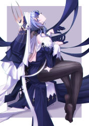 Rule 34 | 1girl, arknights, artist name, back cutout, black pantyhose, blue dress, blue gloves, border, closed mouth, clothing cutout, dress, eyelashes, feet, from side, full body, gloves, habit, hands up, head back, highres, juliet sleeves, legs, long hair, long sleeves, looking at viewer, no shoes, nun, paid reward available, pantyhose, puffy sleeves, purple background, purple eyes, purple hair, see-through, see-through legwear, shadow, sitting, soles, solo, striped clothes, striped pantyhose, thighs, toes, whisperain (arknights), white border, yamauchi (conan-comy)