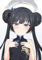 Rule 34 | 1girl, :d, black dress, black hair, blue archive, butterfly hair ornament, china dress, chinese clothes, commentary, double bun, dress, grey eyes, hair bun, hair ornament, halo, hands on own chest, highres, kisaki (blue archive), long hair, looking at viewer, open mouth, senapops, short hair, sidelocks, simple background, sleeveless, sleeveless turtleneck dress, smile, solo, twintails, white background