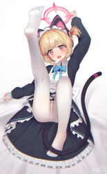 Rule 34 | 1girl, @ @, animal ear headphones, animal ears, apron, arm support, arm up, artist name, black dress, blonde hair, blue archive, blue bow, blue bowtie, blush, bow, bowtie, cat ear headphones, cat tail, chromatic aberration, collared dress, commentary request, dress, fake animal ears, fake tail, flat chest, frilled apron, frilled dress, frills, full body, halo, headphones, highres, knee up, leaning back, leg up, long sleeves, looking at viewer, maid, maid apron, maid headdress, momoi (blue archive), momoi (maid) (blue archive), no shoes, open mouth, paid reward available, panties, panties under pantyhose, pantyhose, petite, pink eyes, pink halo, polka dot, polka dot panties, puffy long sleeves, puffy sleeves, saebashi, sitting, soles, solo, tail, toes, twintails, twitter username, underwear, white apron, white panties, white pantyhose