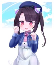 Rule 34 | asymmetrical hair, black hair, blue headwear, blue jacket, blush, clenched hands, collared dress, cowboy shot, cropped jacket, dress, eyelashes, fang, flat chest, hands up, hat, headgear, jacket, long hair, long sleeves, looking at viewer, necktie, no pupils, ongeki, open mouth, parted bangs, paw pose, re pen (repen0pen), red eyes, shinonome tsumugi, skin fang, striped necktie, twintails, white dress