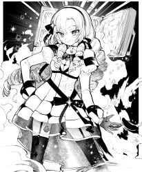 Rule 34 | + +, 1girl, bare shoulders, choker, dotaku, dress, drill hair, fog, gloves, greyscale, hair ornament, hair ribbon, hairband, hand on own hip, highres, hyakumantenbara salome, hyakumantenbara salome (1st costume), juliet sleeves, light blush, long hair, long sleeves, looking at viewer, monochrome, nijisanji, open mouth, puffy sleeves, refrigerator, ribbon, smile, solo, standing, steam, thighhighs, virtual youtuber