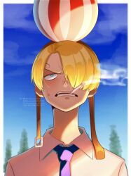 Rule 34 | 1boy, balloon, blonde hair, blue eyes, blue sky, cigarette, close-up, commentary request, curly eyebrows, hair over one eye, highres, liqueur shika, looking up, male focus, necktie, one piece, purple necktie, sanji (one piece), short hair, sky, smoke, solo, sweatdrop, upper body, wing collar
