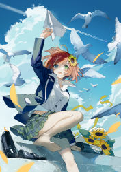 Rule 34 | 1girl, ahoge, aircraft, airplane, arm up, bare legs, barefoot, bird, black footwear, blazer, blue jacket, blue sky, breasts, cloud, cloudy sky, collared shirt, commentary, contrail, day, dress shirt, floating hair, flower, foot out of frame, green eyes, green skirt, hair between eyes, hair flower, hair ornament, highres, holding paper airplane, honma himawari, jacket, loafers, long sleeves, looking up, lowro (en), medium breasts, miniskirt, nijisanji, open clothes, open jacket, open mouth, orange hair, outdoors, paper airplane, plaid, plaid skirt, pleated skirt, ribbon, shirt, shoes, unworn shoes, short hair, skirt, sky, smile, solo, sunflower, sunflower hair ornament, uniform, virtual youtuber, white shirt, wind, wind lift, yellow ribbon