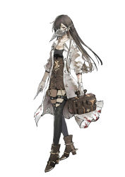 Rule 34 | 1girl, black thighhighs, blood, blood on clothes, breasts, briefcase, brown footwear, brown hair, cleavage, coat, collarbone, curse: two worlds one destiny, gears, gloves, hair over one eye, high heels, highres, holding, holding briefcase, lococo:p, long hair, mask, open clothes, open coat, piercing, pink eyes, plague doctor mask, scalpel, scar, scar on neck, simple background, sleeves rolled up, solo, thigh strap, thighhighs, white background, white coat, white gloves