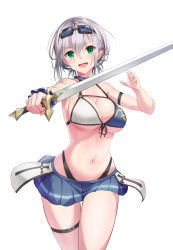 Rule 34 | 1girl, :d, alternate costume, arm strap, arms up, bad id, bad pixiv id, bare shoulders, bikini, blue skirt, blush, breasts, buckle, cleavage, cowboy shot, goggles, goggles on head, green eyes, highres, holding hands, hololive, large breasts, looking at viewer, miniskirt, mole, mole on breast, multicolored bikini, multicolored clothes, navel, open mouth, outstretched arm, pleated skirt, sakaokasan, shirogane noel, shirogane noel (summer 2020), short hair, silver hair, simple background, skirt, smile, solo, stomach, swimsuit, thigh gap, thigh strap, thighs, thong bikini, underboob, v-shaped eyebrows, virtual youtuber, white background