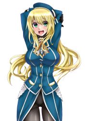 Rule 34 | 1girl, arms up, atago (kancolle), beret, bickle (bickle1983), black gloves, black pantyhose, blonde hair, blue hat, breasts, cowboy shot, gloves, green eyes, hat, highres, kantai collection, large breasts, long hair, military, military uniform, open mouth, pantyhose, simple background, skirt, solo, uniform, white background