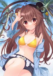 Rule 34 | 1girl, ahoge, belt, bikini, black shorts, blue jacket, blush, breasts, brown eyes, brown hair, closed mouth, collarbone, day, double bun, hair between eyes, hair bun, huge ahoge, jacket, kantai collection, ko yu, kuma (kancolle), long hair, long sleeves, looking at viewer, medium breasts, open clothes, open jacket, outdoors, palm tree, shorts, solo, swimsuit, tree, white belt, yellow bikini