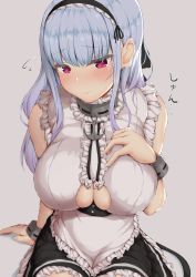 Rule 34 | 1girl, absurdres, anchor choker, apron, azur lane, bare shoulders, black hairband, black skirt, blush, breasts, center frills, choker, closed mouth, clothing cutout, dido (azur lane), frilled choker, frills, hairband, hand on own chest, highres, large breasts, long hair, looking at viewer, minori tea, purple eyes, sitting, skirt, underboob, underboob cutout, white apron, white hair