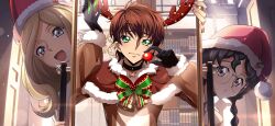 Rule 34 | 1boy, 2girls, animal costume, artist request, black choker, black gloves, black hair, blonde hair, blue eyes, blush, book, bookshelf, bowtie, braid, brown capelet, brown hair, capelet, choker, closed mouth, code geass, code geass: lost stories, day, fake antlers, fake nose, full-length mirror, fur-trimmed capelet, fur-trimmed headwear, fur-trimmed sleeves, fur trim, game cg, glasses, gloves, green bow, green bowtie, green eyes, green ribbon, grey eyes, hands up, happy, hat, hat ornament, holly, horn ornament, horn ribbon, horns, indoors, kururugi suzaku, light blush, light particles, long hair, long sleeves, looking at viewer, milly ashford, multiple girls, nail polish, nervous, nina einstein, non-web source, official art, open mouth, parted bangs, parted lips, peeking out, pink nails, reflection, reindeer costume, ribbon, santa hat, short hair, sidelocks, smile, solo focus, sparkle, straight-on, sweat, upper body