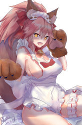 Rule 34 | 1girl, animal ears, animal hands, apron, bell, blush, breasts, cat hair ornament, cat paws, cleavage, collar, fangs, fate/grand order, fate (series), fox ears, fox tail, gloves, hair ornament, highres, jingle bell, large breasts, long hair, looking at viewer, maid headdress, naked apron, neck bell, open mouth, paw gloves, pink hair, ponytail, qtian, shaded face, sideboob, simple background, solo, tail, tamamo (fate), tamamo cat (fate), tamamo cat (third ascension) (fate), white background