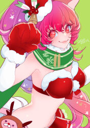 Rule 34 | 1girl, animal ears, blush, breasts, cat ears, cat tail, christmas, closed mouth, dress, gloves, hat, highres, large breasts, long hair, looking at viewer, navel, perisie (star ocean), ponytail, red gloves, santa hat, simple background, smile, solo, sowasan (sowasowa), standing, star ocean, star ocean anamnesis, star ocean first departure, tail