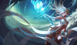 Rule 34 | 1girl, blue eyes, bra, breasts, bustier, elbow gloves, floating hair, gem, gloves, holding, holding weapon, janna (league of legends), jason chan, league of legends, lips, long hair, magic, medium breasts, navel, nose, official art, pointy ears, solo, underwear, upper body, weapon, white bra, white gloves, white hair, wind