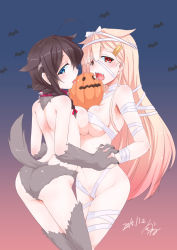 Rule 34 | 10s, 2girls, ahoge, animal collar, animal hands, bandages, bat (animal), blonde hair, blue eyes, breast press, brown hair, collar, commentary request, dated, fang, gloves, hair flaps, hair ornament, hairclip, halloween, halloween costume, highres, holding hands, jack-o&#039;-lantern, kantai collection, licking, long hair, multiple girls, naked bandage, paw gloves, pumpkin, red eyes, remodel (kantai collection), saliva, shigure (kancolle), shirogane (cufsser), signature, symmetrical docking, yuri, yuudachi (kancolle)