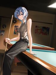 Rule 34 | 1girl, bar (place), bare shoulders, belt, billiards, black belt, black pants, blue hair, breasts, closed mouth, cloud etoile, commentary, cue stick, dutch angle, earrings, eyewear on head, grey shirt, hair between eyes, hand on table, head tilt, highres, holding cue stick, hololive, hoshimachi suisei, indoors, jewelry, looking at viewer, medium breasts, pants, pool table, poster (object), sakura miko, shirt, short hair, sitting, sitting on table, solo, star (symbol), star in eye, swept bangs, symbol-only commentary, symbol in eye, table, virtual youtuber