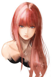 Rule 34 | 1girl, blue eyes, collarbone, cropped torso, dated, hair over shoulder, long hair, looking at viewer, original, parted lips, pink hair, portrait, simple background, solo, straight hair, sushi (sashimise), twitter username, very long hair, white background