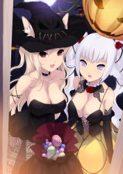 Rule 34 | 2girls, animal ears, bare shoulders, blonde hair, breasts, cait aron, candy, cleavage, detached collar, ears through headwear, elbow gloves, food, gloves, halloween, hat, highres, jack-o&#039;-lantern, large breasts, long hair, looking at viewer, multiple girls, no bra, original, pumpkin, red eyes, silver hair, twintails, witch hat